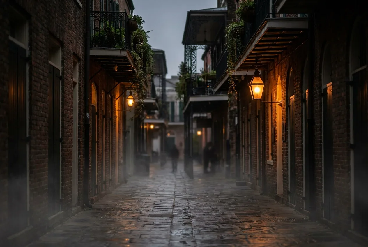 A dim gaslit French Quarter alley at night with wrought-iron balconies and low fog
