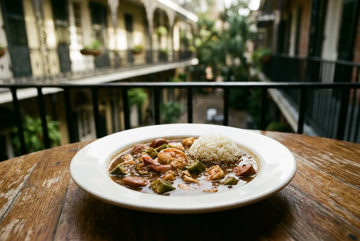Gumbo with rice on a table in a French Quarter courtyard