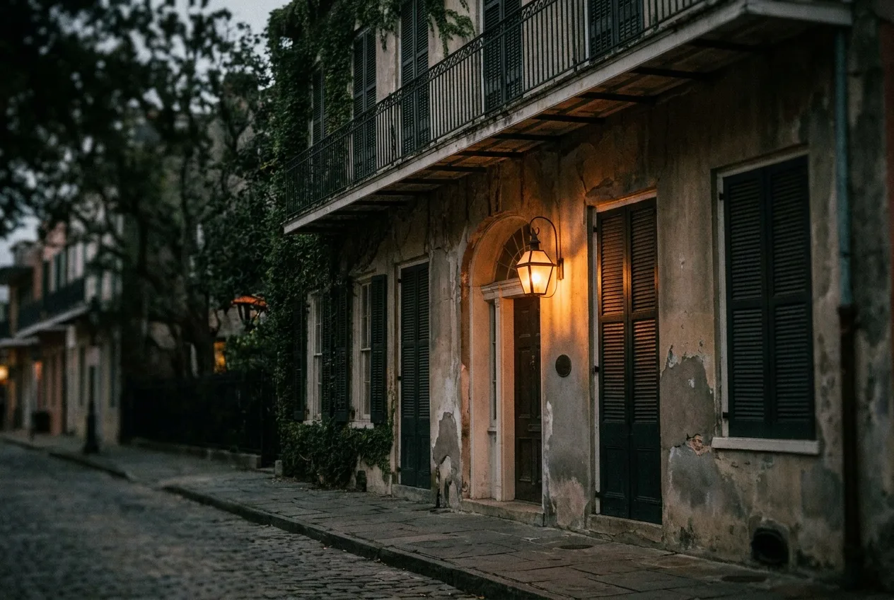 The night facade of an old French Quarter mansion with shuttered windows and a single lit lantern