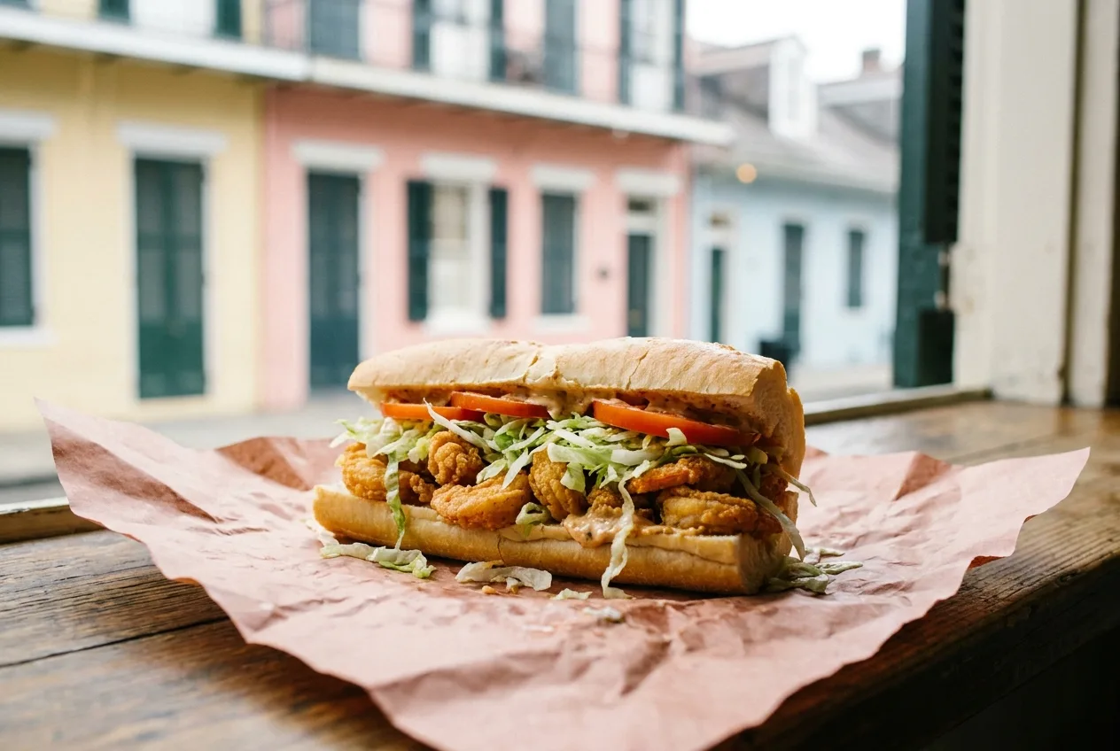 Shrimp po’boy on butcher paper with French Quarter houses behind