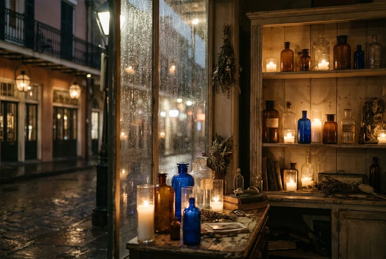 Candles and old apothecary bottles glowing in a dim New Orleans shop window at night