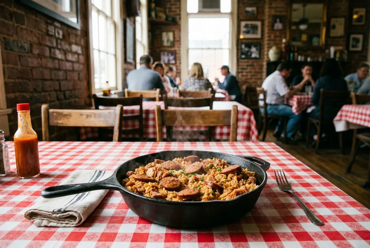 Cast-iron skillet of jambalaya on a checkered tablecloth