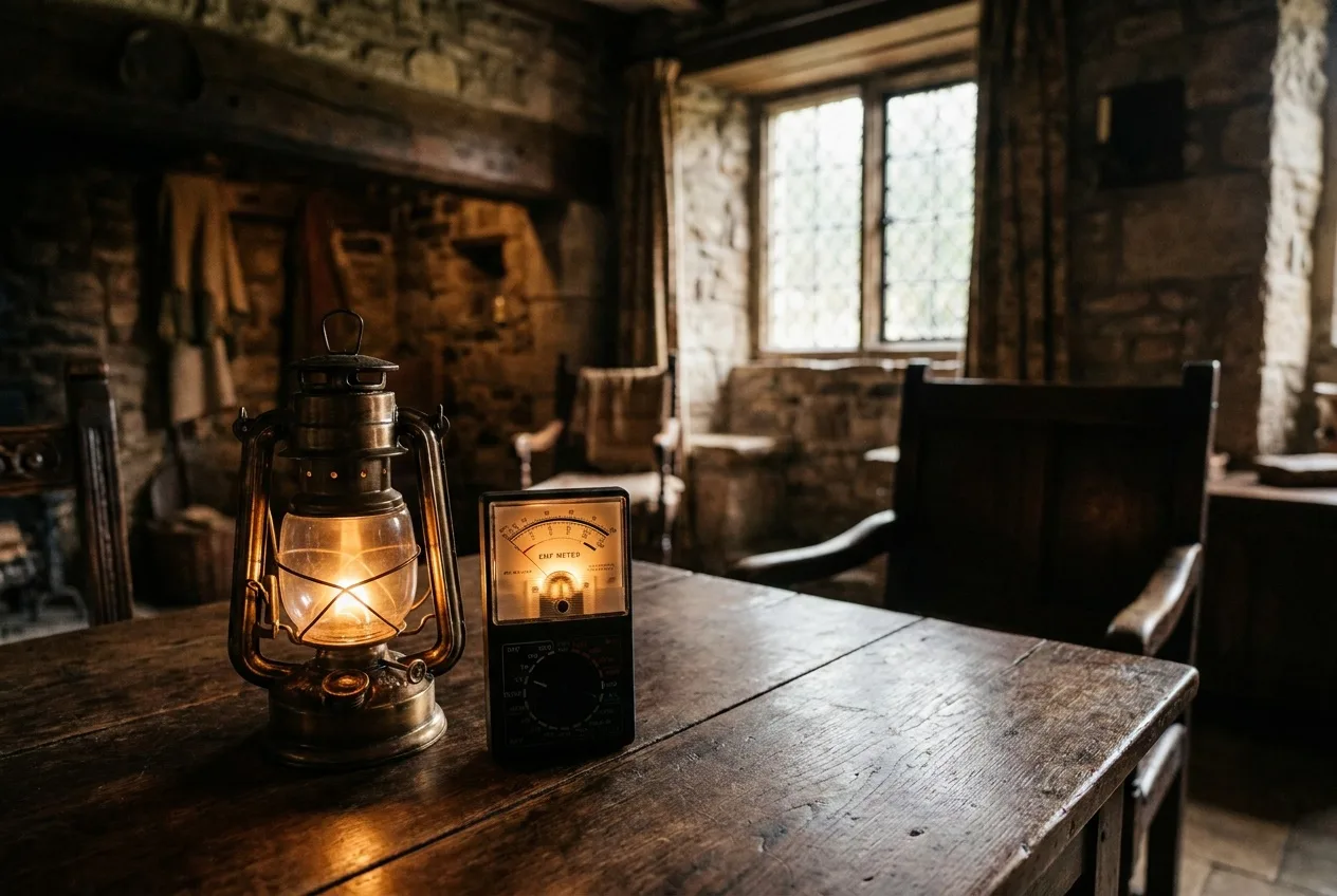 An EMF meter and an oil lantern on a wooden table inside a shadowy historic room