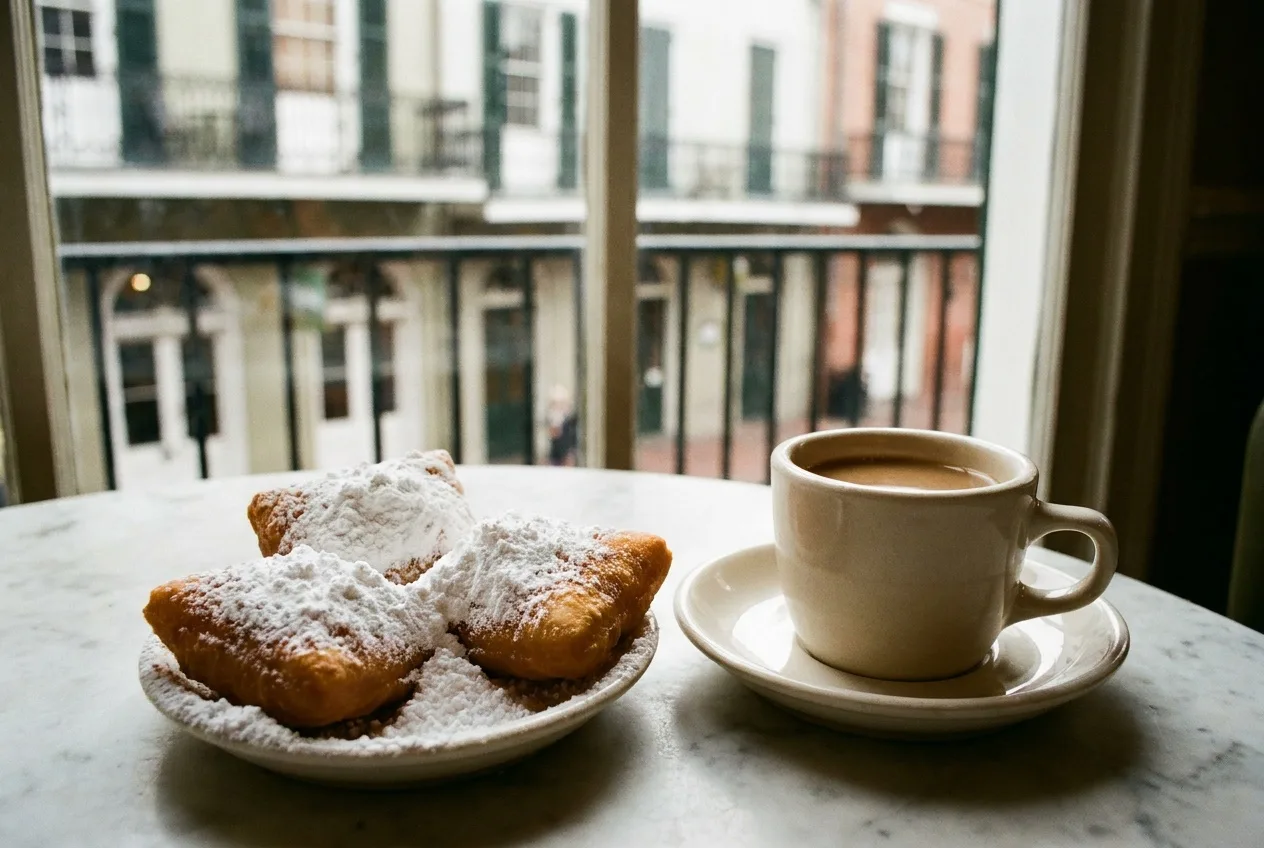 Beignets under powdered sugar beside cafe au lait