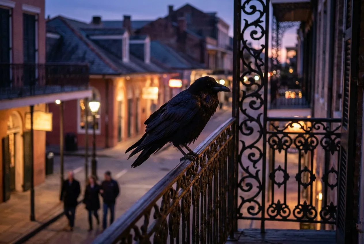 A raven perched on a wrought-iron balcony rail at dusk in the French Quarter
