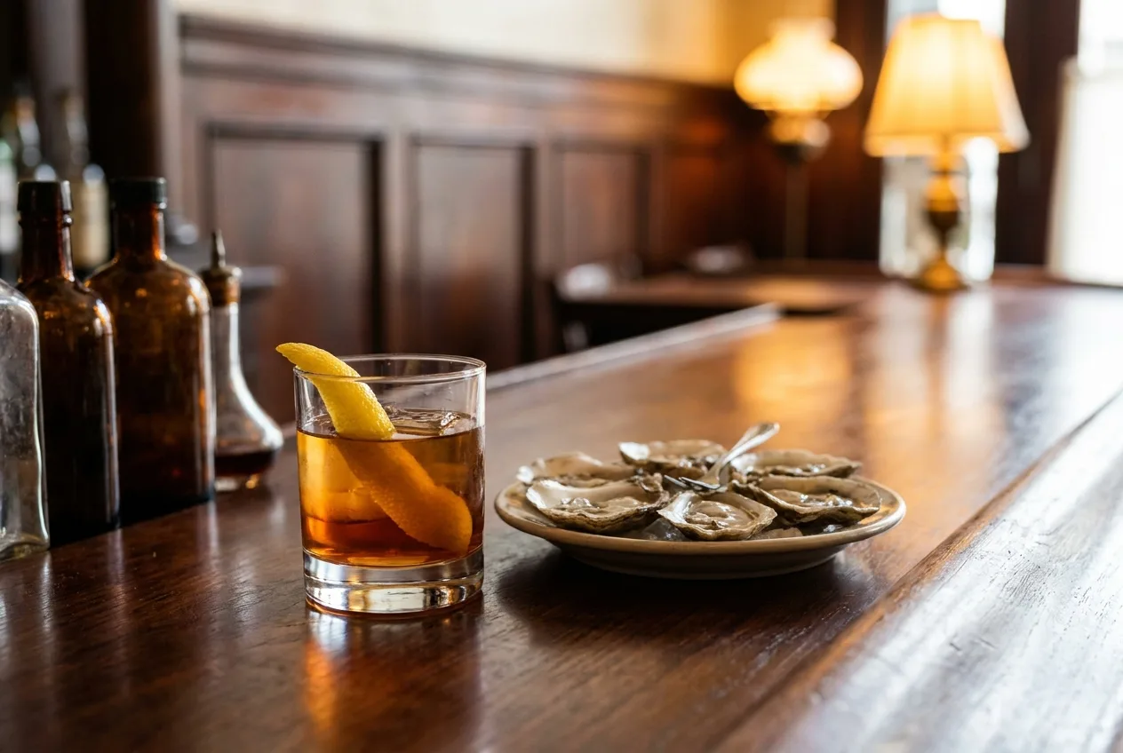 Sazerac cocktail and a plate of oysters on a bar