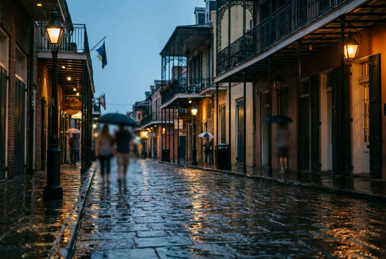 Rain-slicked cobblestones reflecting gas lamps on a dark French Quarter street