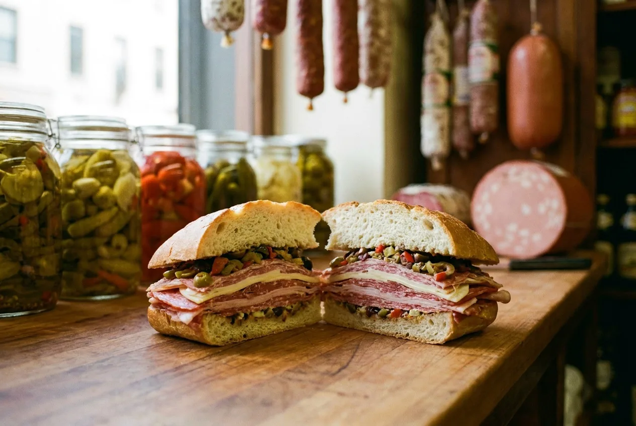 Muffuletta sandwich at an Italian grocery counter