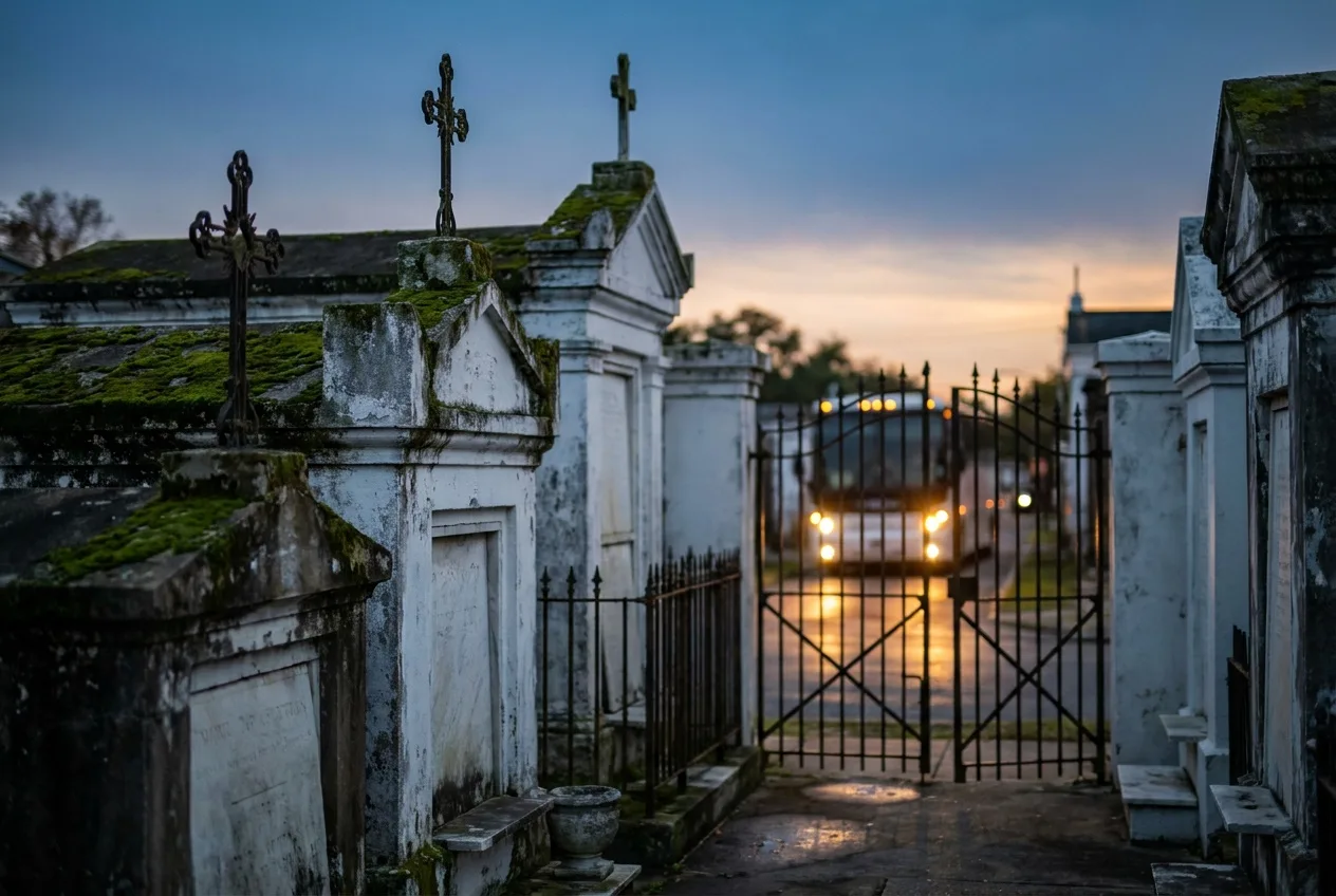 White above-ground tombs of a New Orleans cemetery at twilight