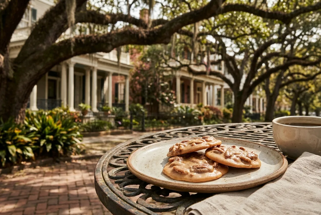Pralines on a plate beneath Garden District live oaks