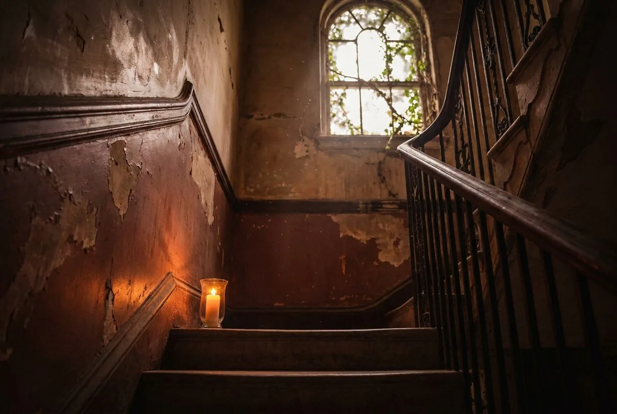A dim staircase in an old New Orleans townhouse lit by a single candle