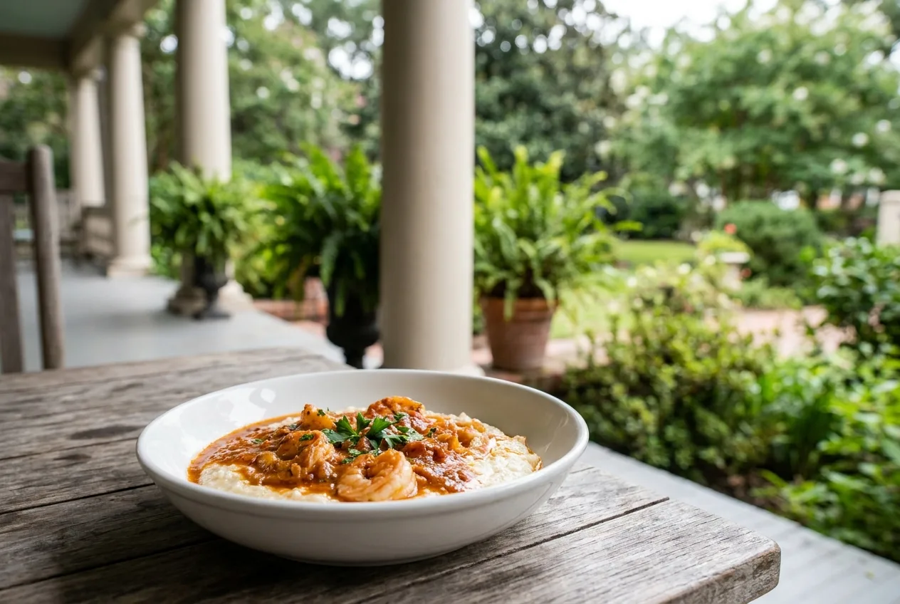 Shrimp and grits on a Garden District porch table