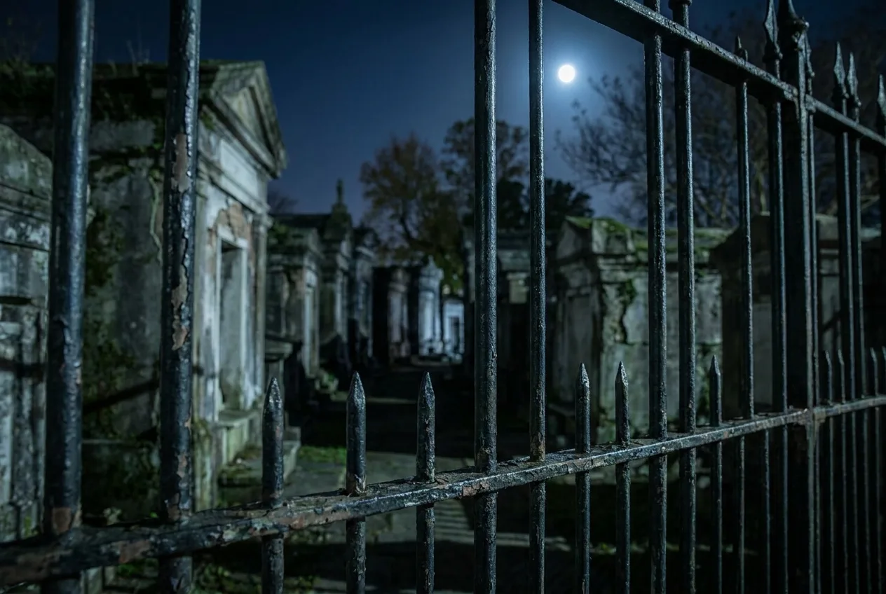 Rows of weathered above-ground crypts under moonlight with an iron fence in the foreground