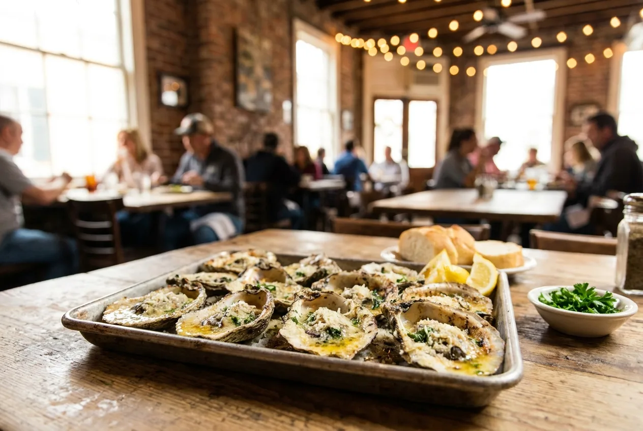 Char-grilled oysters with garlic butter on a tray