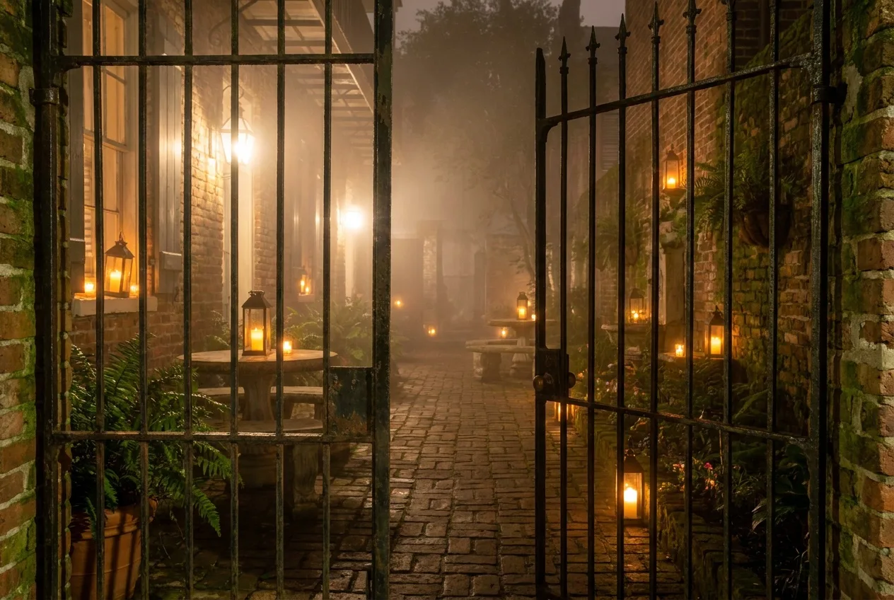 A black iron gate ajar to a misty candlelit courtyard in the French Quarter at night