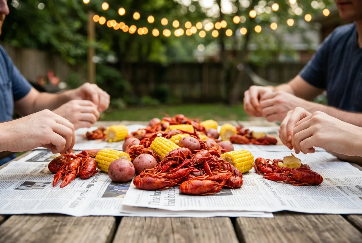 Crawfish boil with corn and potatoes spread over newspaper