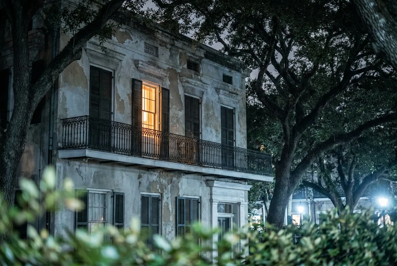 The facade of a grand Creole mansion at night