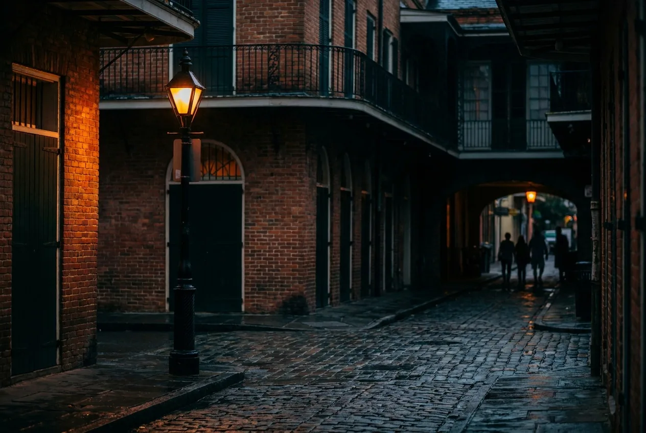 A raised lantern lighting a dark French Quarter street corner