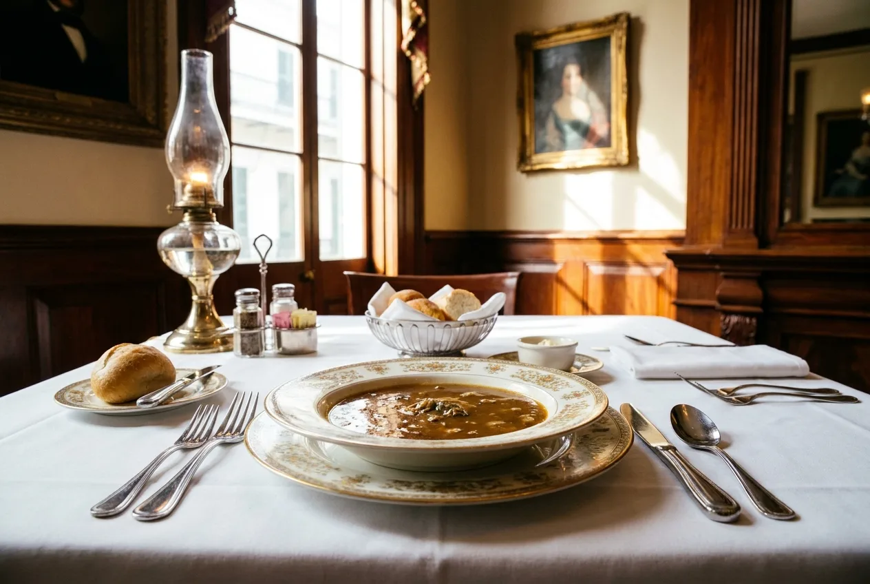 Turtle soup in fine china in a classic Creole dining room