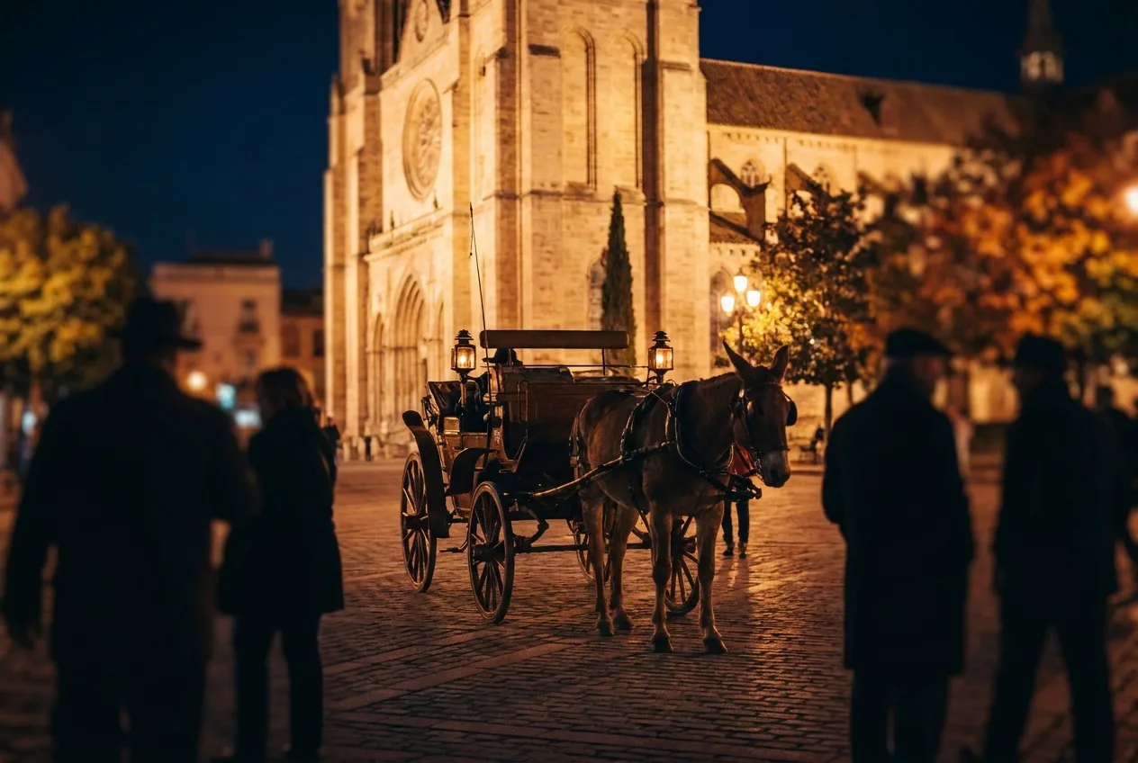 A mule-drawn carriage with lanterns rolling past a floodlit cathedral square at night