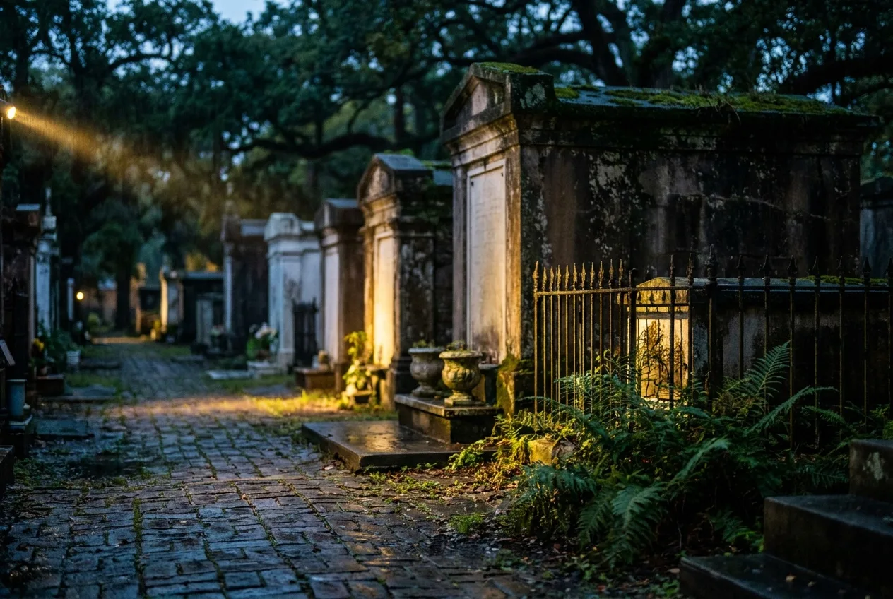 Flashlight beams crossing between tombs in a dark New Orleans cemetery