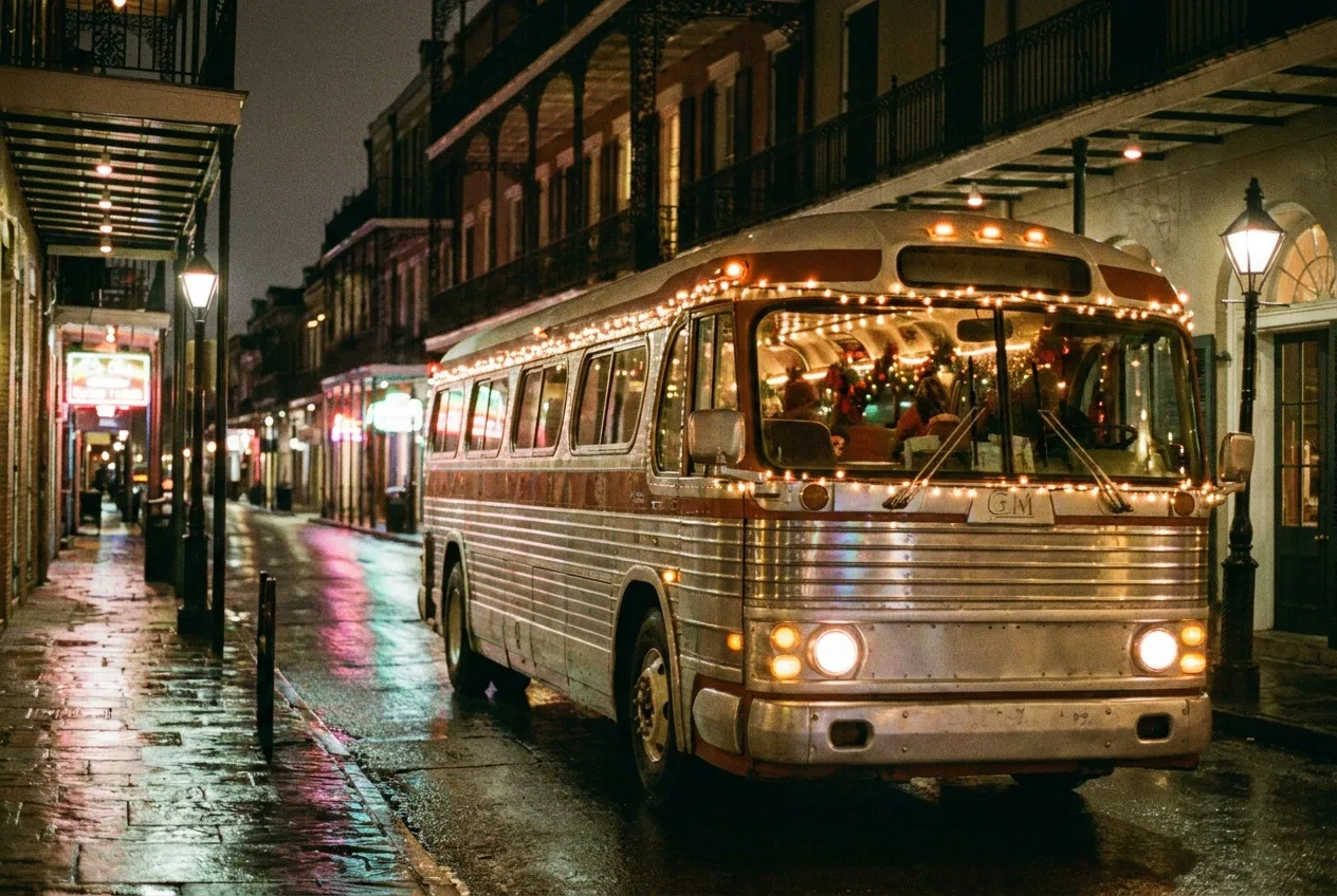 A festively lit vintage tour bus at night on a New Orleans street