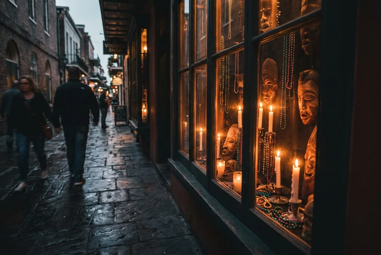 A voodoo shop window with candles