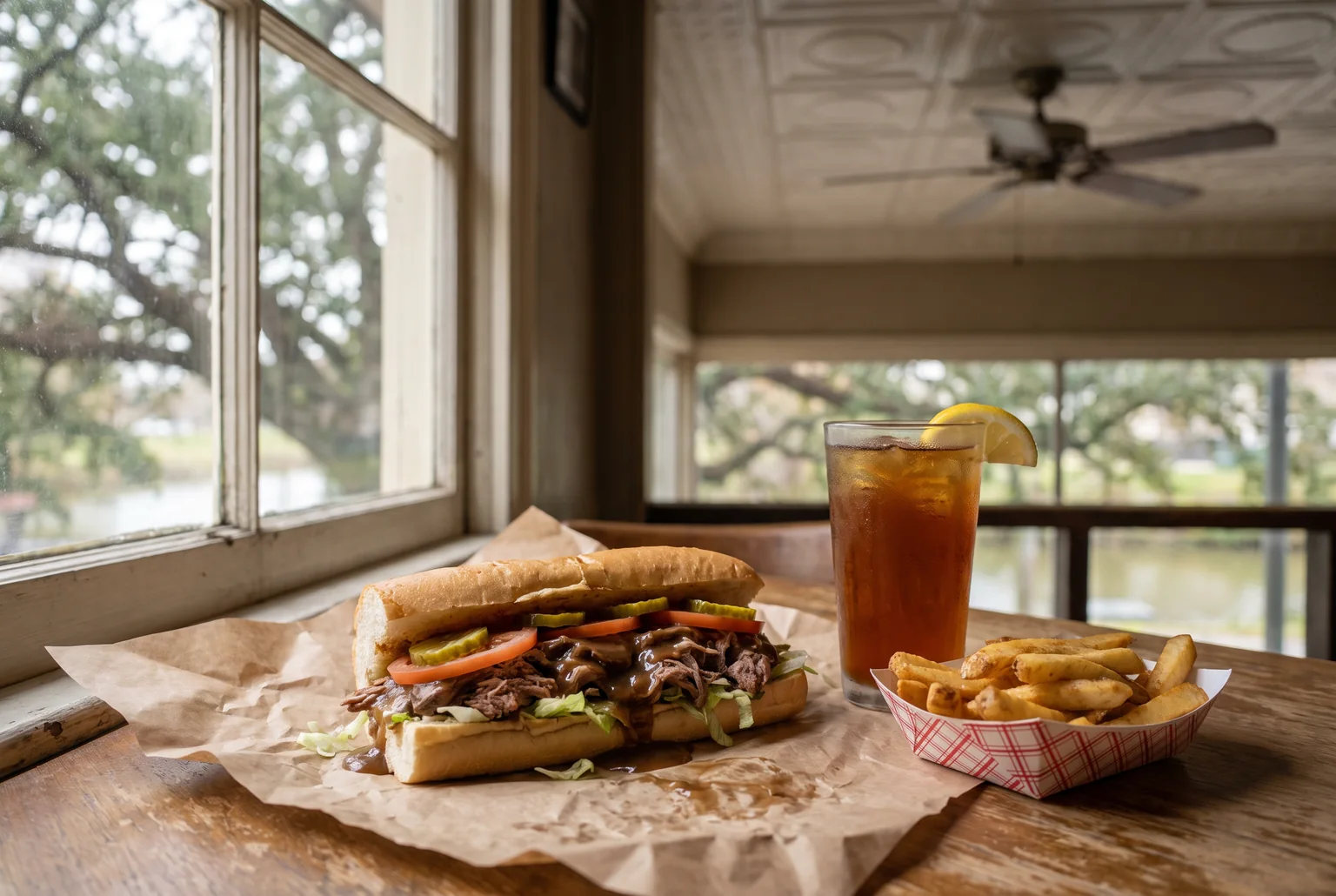 A roast beef po-boy on butcher paper at a Mid-City New Orleans restaurant table, sweet tea beside it
