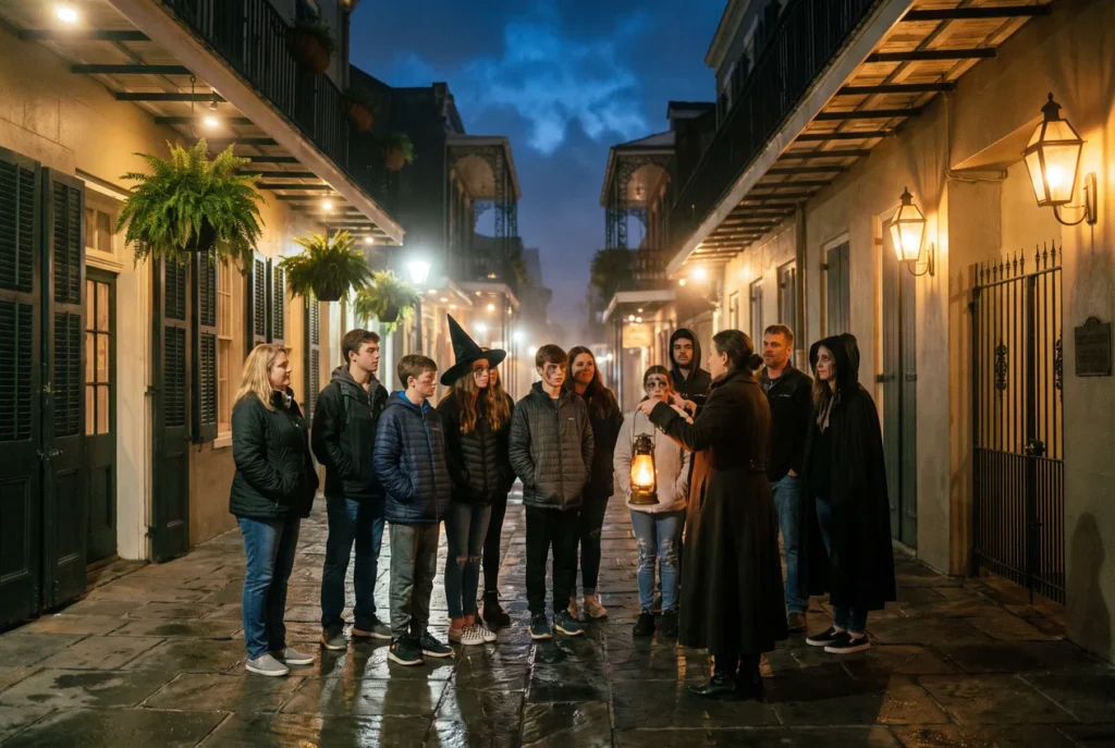 A small costumed group following a ghost tour guide at night along a narrow old street lined with wrought-iron balconies, gas lamps glowing in light mist