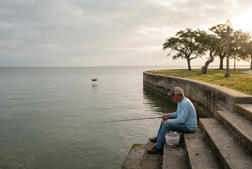 An angler sitting on the stepped concrete seawall of Lake Pontchartrain at dawn, rod out over calm water, the Lakefront stretching away