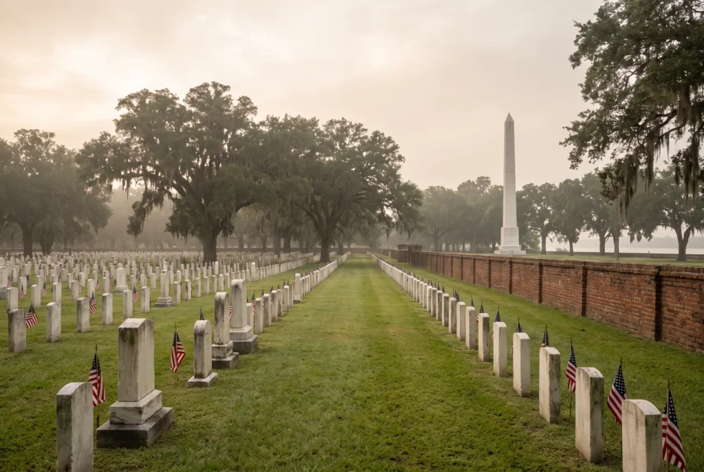 Rows of white headstones at Chalmette National Cemetery downriver from New Orleans on a soft November morning, live oaks with Spanish moss and a historic red brick wall