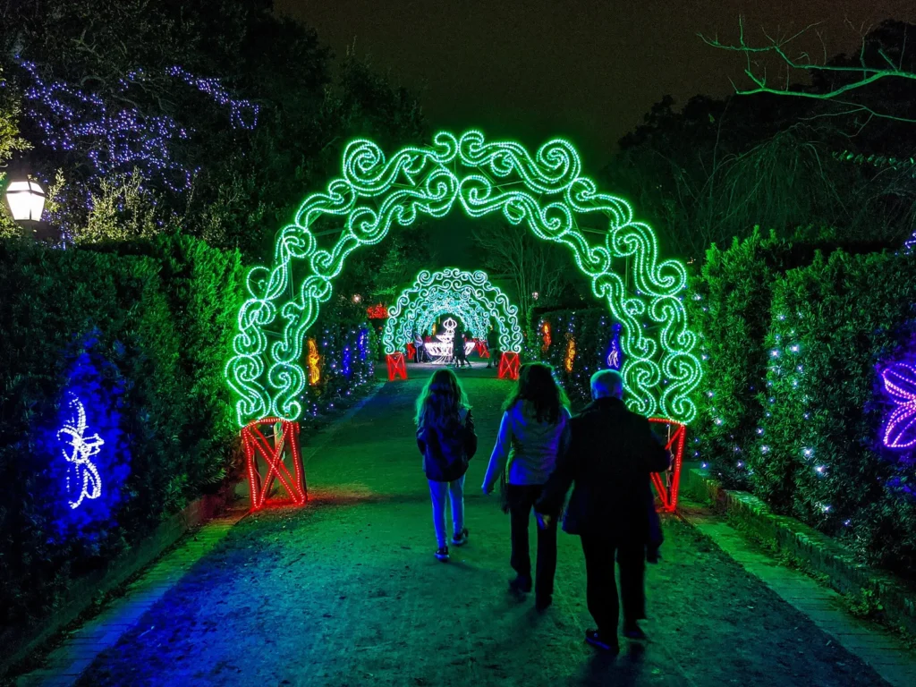 Visitors walking at night through a row of green neon arches between hedges lit in blue and green